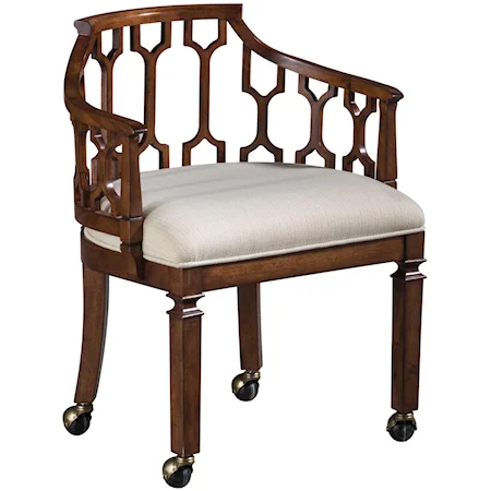 Dining Arm Chair with Caster Base & Fretback Design Plus Upholstered Cushion Seat